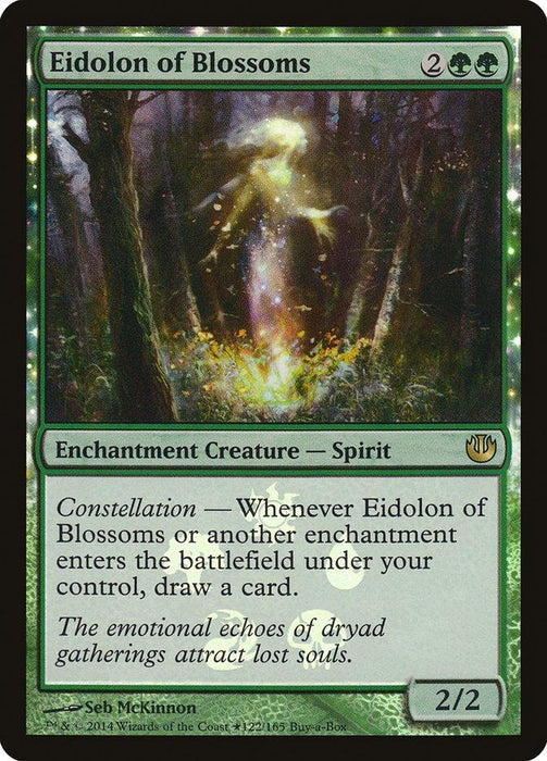 Image of a Magic: The Gathering card named "Eidolon of Blossoms (Buy-A-Box) [Journey into Nyx Promos]," a green Enchantment Creature. Requiring 2 colorless and 2 green mana, it features glowing, ethereal spirit artwork amidst trees. With its Constellation ability, you draw a card when an enchantment enters the battlefield. Power/toughness: 2/2.
