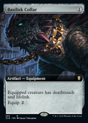 A "Basilisk Collar (Extended Art) [Commander Legends: Battle for Baldur's Gate]" Magic: The Gathering card from Commander Legends: Battle for Baldur's Gate. The image depicts a fierce, armored creature with green scales and red eyes wearing a large, spiked collar made of metal and leather. The eerie glow of this Artifact — Equipment grants deathtouch and lifelink. Equip 2.