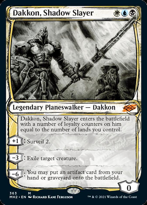 A Magic: The Gathering card from Modern Horizons 2 depicting "Dakkon, Shadow Slayer (Sketch) [Modern Horizons 2]," a legendary planeswalker. Dakkon stands wielding a long sword with a bluish aura, and the card text details his abilities, including surveil, creature exile, and artifact return. The card frame is predominantly white with ornate borders.