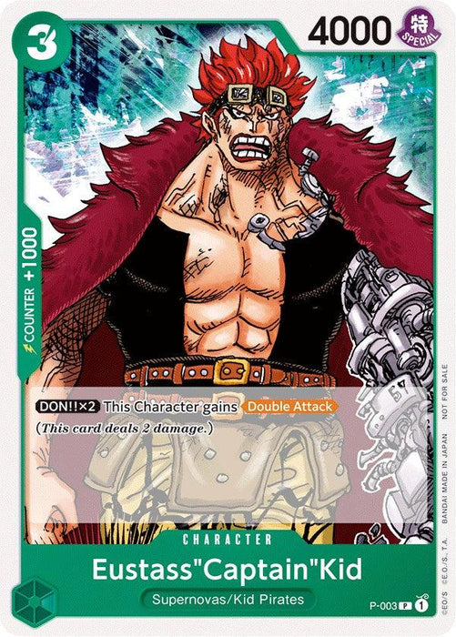 A trading card featuring Eustass "Captain" Kid from the Supernovas/Kid Pirates. The card has a green border, the number 3 in the top left corner, a 4000 power value in the top right, and an orange "Double Attack" ability banner in the center. As part of **Eustass"Captain"Kid (Promotion Pack 2022) [One Piece Promotion Cards]** by **Bandai**, Kid is depicted with spiked red hair, goggles.