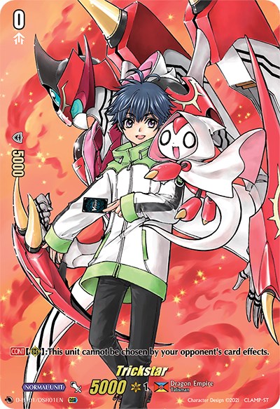 The Bushiroad trading card, identified as "Trickstar" (D-BT01/DSR01EN) from the Genesis of the Five Greats set, showcases an anime-style character adorned with spiky blue hair and a white jacket accented with green. This character is joined by a red and silver dragon-like creature from the Dragon Empire against a bright, fiery background. The card features various text and symbols alongside the prominently displayed name "Trickstar" at its base.