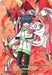 The Bushiroad trading card, identified as "Trickstar" (D-BT01/DSR01EN) from the Genesis of the Five Greats set, showcases an anime-style character adorned with spiky blue hair and a white jacket accented with green. This character is joined by a red and silver dragon-like creature from the Dragon Empire against a bright, fiery background. The card features various text and symbols alongside the prominently displayed name "Trickstar" at its base.