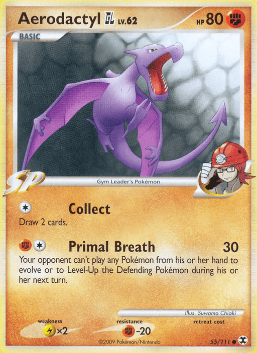 A Pokémon trading card displaying Aerodactyl GL (55/111) [Platinum: Rising Rivals] at level 62 with 80 HP. This Basic, Fighting type card from the Platinum Rising Rivals set features two attacks: "Collect," allowing the player to draw two cards, and "Primal Breath," dealing 30 damage and preventing the opponent from evolving their Pokémon during their turn.