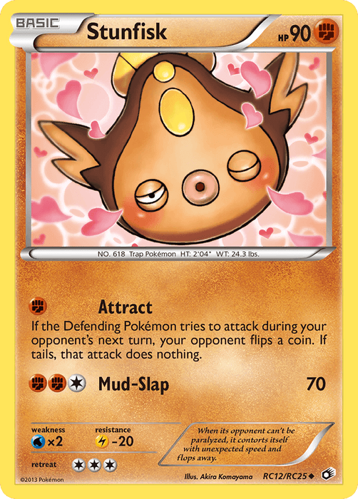 A Pokémon trading card, Pokémon Stunfisk (RC12/RC25) [Black & White: Legendary Treasures], depicting Stunfisk, a brown, flat fish-like creature with yellow patterns. The card is primarily orange and yellow. This Fighting Type Stunfisk has 90 HP and features two moves: Attract and Mud-Slap. From the Black & White Legendary Treasures set, it boasts uncommon rarity.