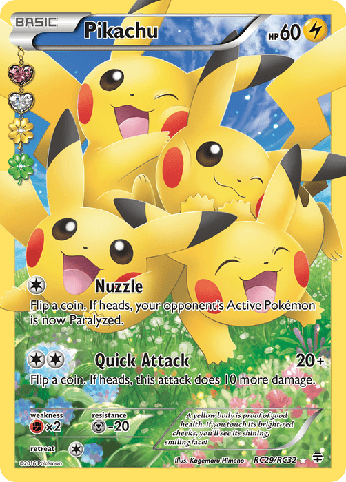 The image is a Pokémon Pikachu (RC29/RC32) [XY: Generations] trading card from the XY: Generations series featuring Pikachu. The card shows a group of four happy Pikachus in a grassy field with flowers. This Ultra Rare card details Pikachu's stats, including 60 HP and lightning-type abilities "Nuzzle" and "Quick Attack." The background is yellow with lightning symbols.