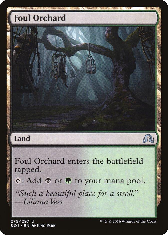 A **Magic: The Gathering** card titled **Foul Orchard [Shadows over Innistrad]**, an Uncommon Land from Shadows over Innistrad. It depicts a dark, eerie forest with twisted trees and hanging cages. Card text: 