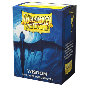 A blue box of Arcane Tinmen Dragon Shield: Standard 100ct Sleeves - Wisdom (Dual Matte) featuring artwork of a dark dragon with outstretched wings set against a blue background. The box is labeled "WISDOM" and contains 100 fully opaque sleeves perfect for TCGs. "Dragon Shield" is written prominently at the top in a yellow banner.