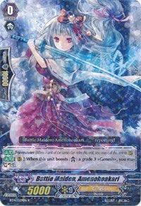 A trading card featuring "Battle Maiden, Amenohoakari (BT14/029EN) [Brilliant Strike]" from "Cardfight!! Vanguard" by Bushiroad. The Genesis warrior, with silver hair and a traditional outfit, wields a glowing blue blade. This Grade 0 card from United Sanctuary boasts a power of 5000 and various stats and special abilities.