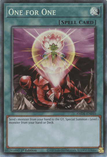 The image shows a "Yu-Gi-Oh!" trading card titled "One for One [AMDE-EN040] Collector's Rare," a Collector's Rare Normal Spell from the Amazing Defenders set. It has a description that reads, "Send 1 monster from your hand to the GY; Special Summon 1 Level 1 monster from your hand or Deck." The card features a glowing flower and a kneeling armored figure.