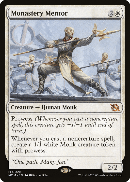 A Magic: The Gathering card titled "Monastery Mentor [March of the Machine]," illustrated by Brian Valeza, depicts a Human Monk in white robes performing a martial arts move. This mythic white Creature - Human Monk boasts "Prowess" and generates 1/1 prowess Monks with noncreature spells. Power/toughness: 2/2. Flavor: "One path. Many feet.