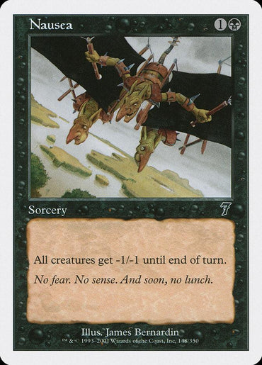 A Magic: The Gathering card titled "Nausea [Seventh Edition]" from the brand Magic: The Gathering. This sorcery depicts creatures with long beaks and large eyes falling from a black-winged entity. The text reads: "All creatures get -1/-1 until end of turn." It has a converted mana cost of two and is illustrated by James Bernardin.