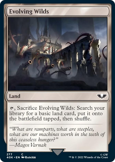 The image features an Evolving Wilds (Surge Foil) card from Magic: The Gathering, showcasing a desolate landscape with jagged cliffs and machinery ruins reminiscent of Warhammer 40,000, with game mechanics and a quote from Magos Varnak at the bottom.