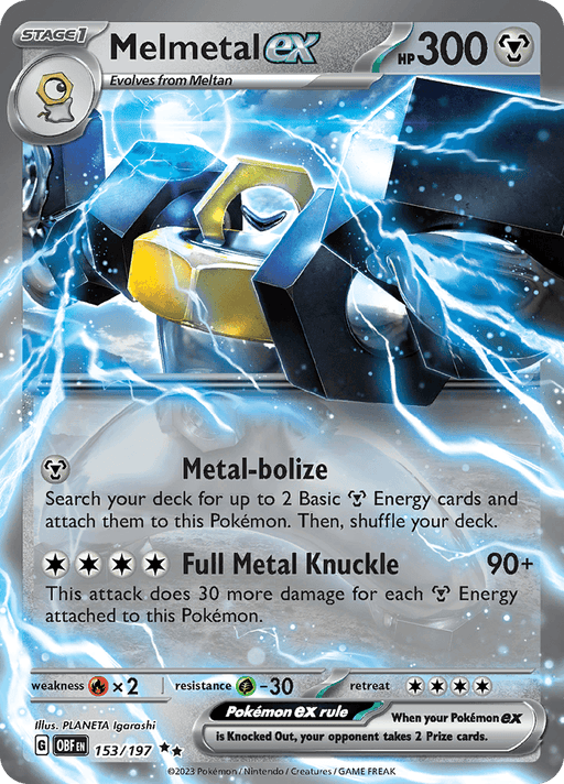 A **Melmetal ex (153/197) [Scarlet & Violet: Obsidian Flames]** card from  300 HP. With abilities like "Metal-bolize" to search for Basic Energy and "Full Metal Knuckle" dealing 90+ damage, the card boasts a metallic, robotic design highlighted by blue and silver tones with lightning effects.