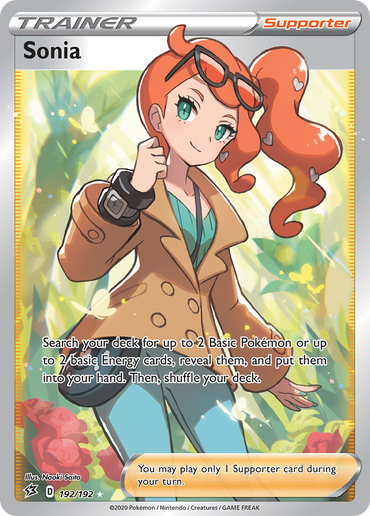 A Pokémon Trainer card, named Sonia (192/192) from the Sword & Shield: Rebel Clash set, illustrates Sonia, a red-haired woman wearing glasses, a brown trench coat over a green blouse, and blue jeans. She is depicted standing in a lush garden with sunlight streaming through while holding a Poké Ball. The card's text details its in-game effect.