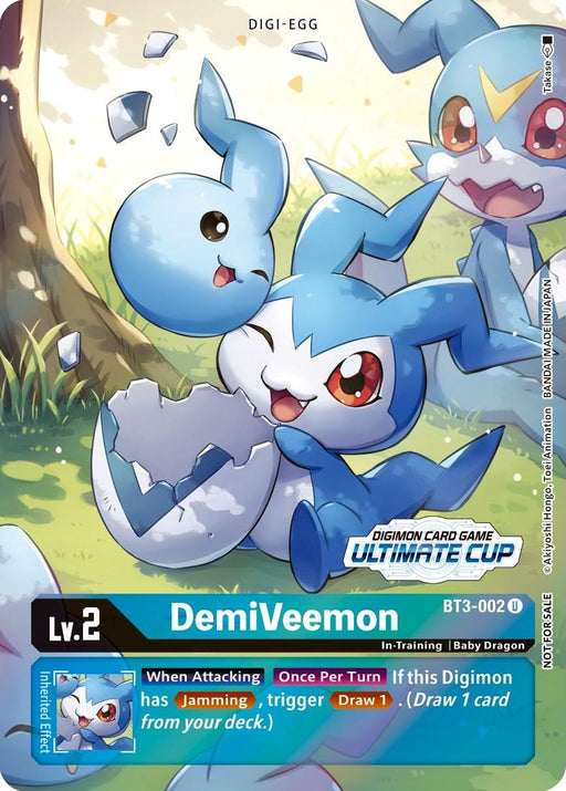 Two cartoonish, blue baby dragon creatures are depicted in a grassy environment. They have large eyes and playful expressions, one partially inside a cracked Digi-Egg. The image features a "DemiVeemon [BT3-002] (April Ultimate Cup 2022) [Release Special Booster Promos]" card from the Digimon card game with various stats and Jamming abilities displayed in text boxes.