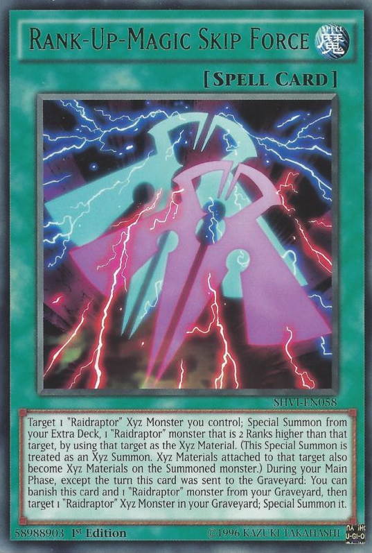 The Yu-Gi-Oh! card "Rank-Up-Magic Skip Force [SHVI-EN058] Rare" features a pink and purple energy beam arrow amid white and blue light. It allows the Special Summon of a Raidraptor Xyz Monster.