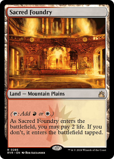 A Magic: The Gathering card titled "Sacred Foundry [Ravnica Remastered]," part of the Ravnica Remastered set. This Rare Land is a "Land – Mountain Plains" with vibrant artwork showcasing a glowing, ornate foundry with molten metal. It can add red or white mana, and you can either pay 2 life or have it enter tapped.