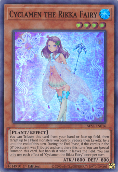 An illustrated Yu-Gi-Oh! card titled "Cyclamen the Rikka Fairy [SESL-EN016] Super Rare." This Effect Monster from the Secret Slayers set features a fairy with light purple hair and a flowing dress adorned with floral patterns, holding a magic staff. With 1800 ATK and 800 DEF, its Plant/Effect stats are displayed below the image.