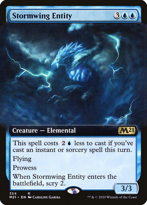 A Magic: The Gathering card titled "Stormwing Entity (Extended Art) [Core Set 2021]" from Magic: The Gathering. It shows a blue, ethereal bird-like creature with lightning crackling around it. This rare creature costs 3 generic and 2 blue mana to cast and has abilities: reduced casting cost, flying, prowess, and causes the player to scry 2 upon entering the battlefield. Its power and toughness...