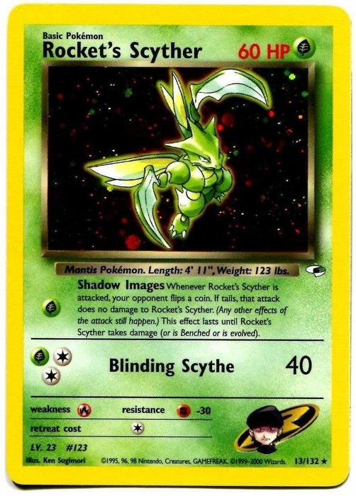 A Pokémon trading card for Rocket's Scyther (13/132) [Gym Heroes Unlimited]. This Holo Rare Grass Type card is labeled "Basic Pokémon" with 60 HP. It features an image of Scyther, a green, insect-like creature with scythe-like arms, against a black starry background. Attacks include "Shadow Images" and "Blinding Scythe" (40 damage). Card number