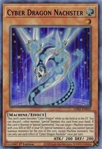 A Yu-Gi-Oh! trading card named "Cyber Dragon Nachster (Purple) [LDS2-EN032] Ultra Rare." This Ultra Rare card from Legendary Duelists: Season 2 features a mechanical dragon coiled in mid-air with electric sparks surrounding it. The dragon has a metallic blue body with segmented armor plates. The card's text describes its Machine/Effect abilities and statistics, including ATK 200 and DEF 200.