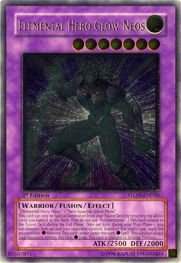 The image is of a Yu-Gi-Oh! trading card titled "Elemental Hero Glow Neos" [STON-EN036] Ultimate Rare, featuring a Fusion Monster with a purple border. It highlights a warrior figure infused with glowing elements, and specifies that this 1st Edition card has 2500 ATK and 2000 DEF. It details its summoning from Elemental Hero Neos along with its effects.