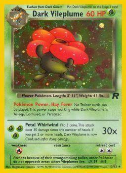 A Pokémon TCG card featuring Dark Vileplume (13/82) [Team Rocket Unlimited]. It is a Stage 2 Grass-type Pokémon with 60 HP. The Holo Rare card has an illustration of Dark Vileplume with red flowers in a green, sparkly forest background. It has two abilities: Hay Fever and Petal Whirlwind. The card number is 13/82 from the Team Rocket Unlimited set by Pokémon.