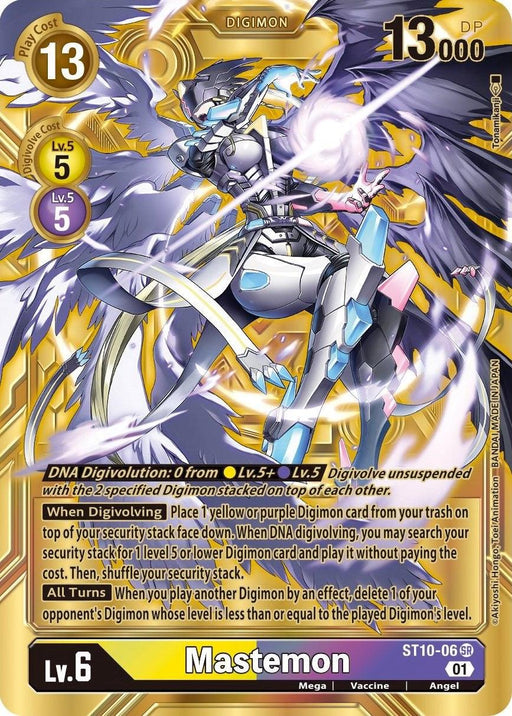 The image showcases a Digimon card "Mastemon [ST10-06] (Alternate Art) [Dimensional Phase]" from the Digimon trading card game. Mastemon, featuring a stunning white and gold armored design with wings, holds a spear. This powerful angel Digimon uses DNA Digivolution and details its attributes, skills, stats, level 6 status, 13 play cost, and 13,000 DP.