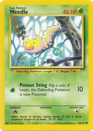 A Pokémon card featuring Weedle, a common, grass-type creature with a horn on its head. This Weedle (69/102) [Base Set Unlimited] card attributes include 40 HP and the move "Poison Sting," which deals 10 damage and may poison the opponent. The card has green borders and detailed background attributes.