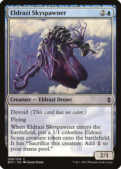 A Magic: The Gathering card from Battle for Zendikar titled Eldrazi Skyspawner [Battle for Zendikar] with a cost of 2 colorless and 1 blue mana. This 2/1 Eldrazi Drone creature features Flying and Devoid. It has the ability to create a 1/1 colorless Eldrazi Scion token, which can be sacrificed for 1 colorless mana. The
