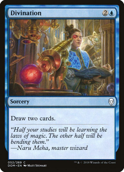 A "Magic: The Gathering" trading card titled **"Divination [Dominaria]"**. It depicts a wizard in blue robes, holding a scroll and surrounded by books and glowing apparatus in a Dominaria library. This sorcery costs 2 colorless and 1 blue mana, allowing players to draw two cards. Text reads: "Half your studies will be learning the laws of magic. The other half will be bending

