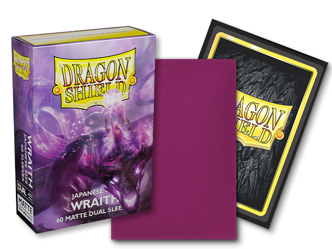 A box of Arcane Tinmen's Dragon Shield: Japanese Size 60ct Sleeves - Wraith (Dual Matte) is next to the front and back views of a single sleeve. The box features fantasy artwork of a ghostly figure. The TCG sleeve's front is purple, while the back has a black dragon scale pattern with the Dragon Shield logo.