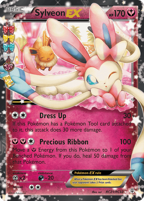 A Pokémon trading card depicting Sylveon EX (RC21/RC32) [XY: Generations] from Pokémon. Sylveon, a pink and white feline-like Fairy Pokémon with ribbon appendages, is highlighted. The Ultra Rare card details its moves, "Dress Up" and "Precious Ribbon," with respective attack values. The card also displays health points, a starry background, and various icons.
