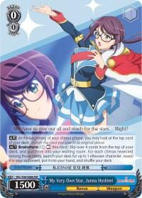 A Double Rare trading card titled "My Very Own Star, Junna Hoshimi (RSL/S56-E066 RR) [Revue Starlight]" by Bushiroad, featuring an animated character with purple hair and glasses in a dynamic pose. She is dressed in a blue and white outfit with a short skirt, cape, and holding a baton. This Revue Starlight-inspired card showcases various stats and abilities, including the main artwork and a close-up of the character's face.