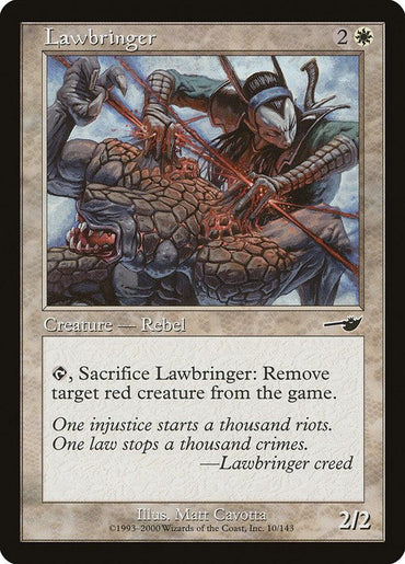 The Magic: The Gathering card "Lawbringer [Nemesis]" showcases a Kor Rebel warrior in shining silver armor, sword poised above a captive and writhing reptilian creature. Priced at 2 and one white mana, it has the power to exile a red creature from the game. The exquisite artwork is created by Matt Cavotta.