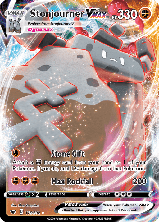 A Pokémon trading card featuring Stonjourner VMAX (116/202) [Sword & Shield: Base Set] from the Pokémon series. This Ultra Rare card, illustrated by 5ban Graphics, boasts 330 HP with Dynamax. The moves, Stone Gift and Max Rockfall, require Fighting energy types and deal significant damage. It's numbered 116/202.