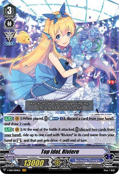 A Yu-Gi-Oh! card featuring "Top Idol, Riviere" from Bushiroad's Bermuda Triangle set: Crystal Melody, an elegant mermaid in a blue dress and holding a trident. This Vanguard Rare card, identified as V-EB11/004EN, boasts 13000 power and 1 critical. It includes auto skills for drawing cards and riding units. The text on the card reads: "An encore that never stops ringing. The legend will never end.