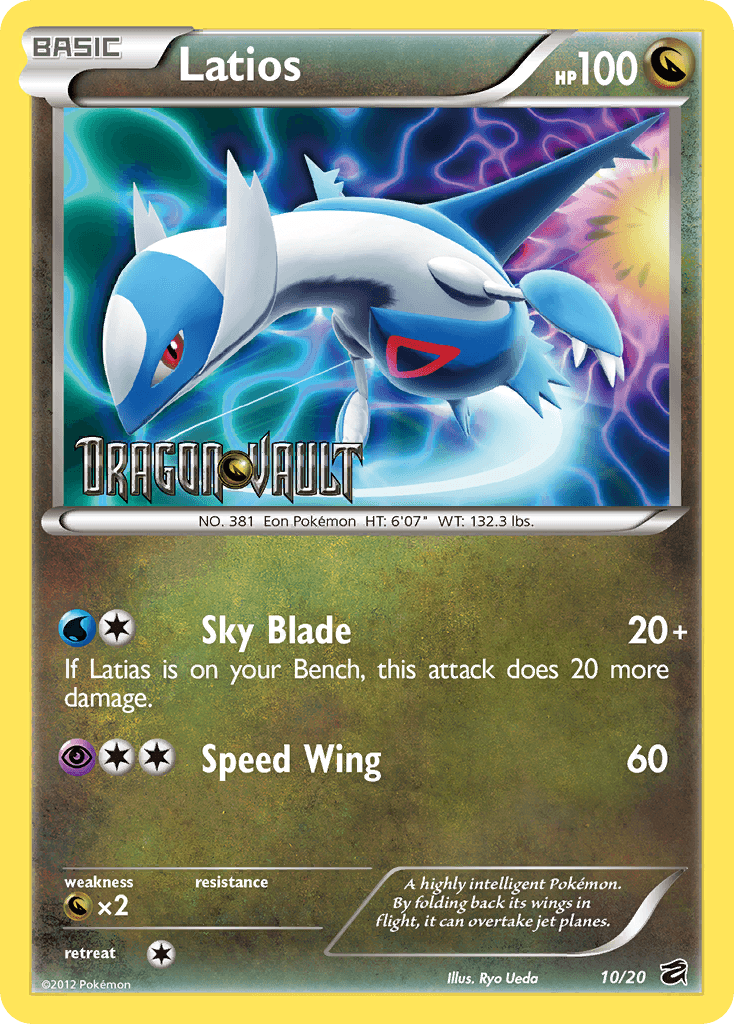 A Pokémon Latios (10/20) (Blister Exclusive) [Black & White: Dragon Vault] from the Dragon Vault series, featuring a blue and white dragon-like creature in mid-flight. This promo card shows Latios with 100 HP, moves 