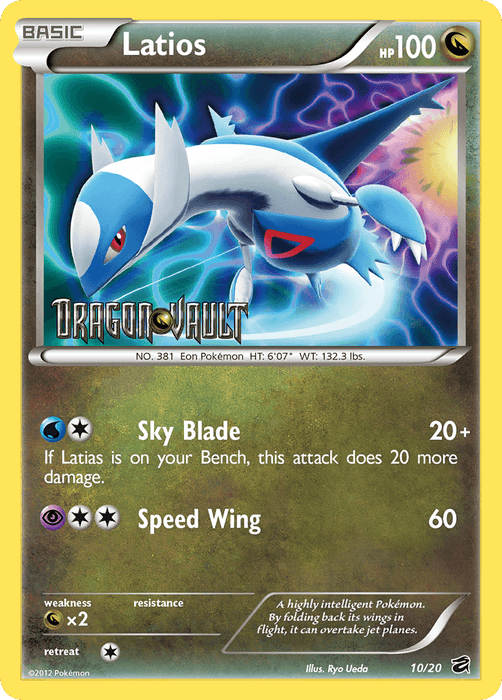 A Pokémon Latios (10/20) (Blister Exclusive) [Black & White: Dragon Vault] from the Dragon Vault series, featuring a blue and white dragon-like creature in mid-flight. This promo card shows Latios with 100 HP, moves "Sky Blade" and "Speed Wing," and text detailing its characteristics and attributes. It is numbered 10/20.