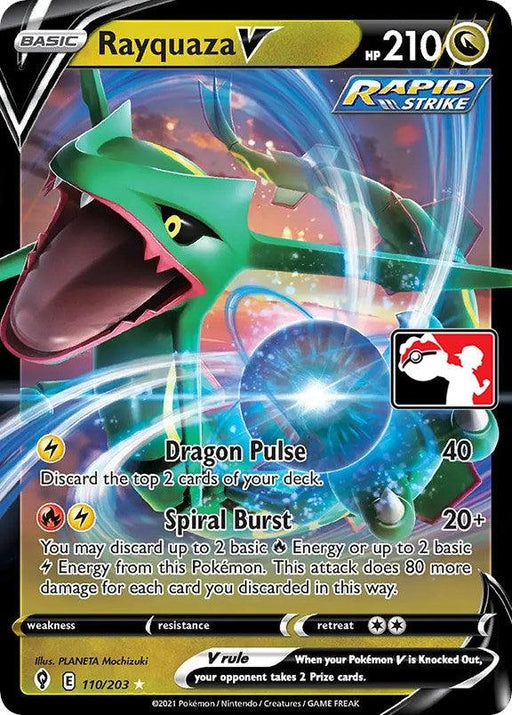 A trading card from Prize Pack Series One features Rayquaza V (110/203) [Prize Pack Series One], a green dragon-like Pokémon. With 210 HP and labeled "Rapid Strike," the Ultra Rare card details two attacks: Dragon Pulse and Spiral Burst. Colorful, energetic motifs surround Rayquaza in an action pose, with various game icons and stats at the bottom.