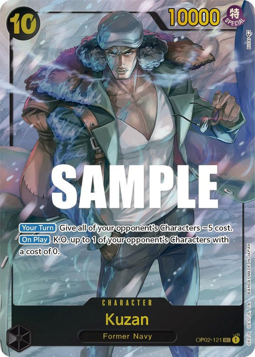 A Bandai product featuring Kuzan (Alternate Art) [Paramount War] from the One Piece series. Kuzan, tall with glasses and a cap, dons a fur-lined coat and holds a staff. The card displays a purple 10 in the top left corner, power value of 10000 in the top right, and Kuzan's abilities and stats at the bottom.