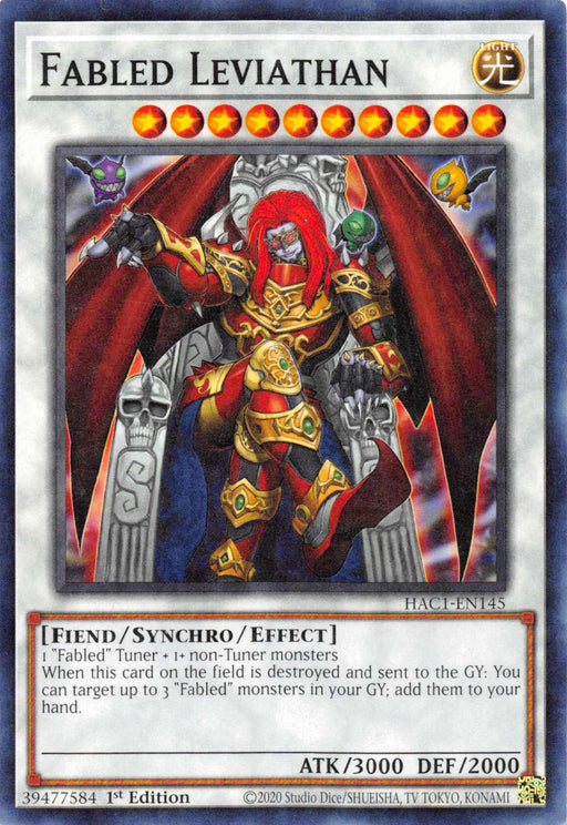 The image shows the "Fabled Leviathan [HAC1-EN145] Common" card from the Yu-Gi-Oh! trading card game. This powerful, armored creature with red hair and a blue face wields a staff and boasts 3000 attack points and 2000 defense points. Featured in the Hidden Arsenal series, it is a Fiend/Synchro/Effect monster.