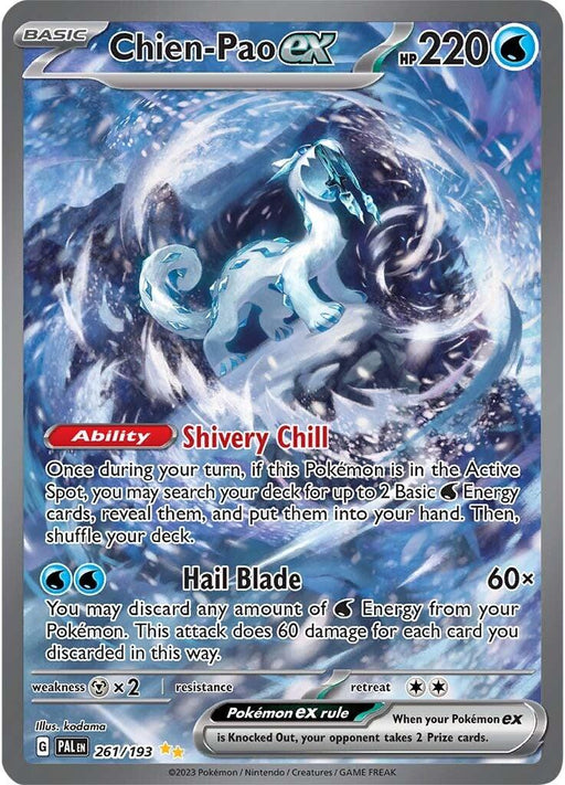 Image of a Chien-Pao ex (261/193) [Scarlet & Violet: Paldea Evolved] Pokémon card from the Scarlet & Violet - Paldea Evolved series. This Special Illustration Rare card features an icy blue Pokémon with a flowing tail and mane. It details its HP of 220, Shivery Chill ability, and Hail Blade attack, with weakness, resistance, and retreat cost at the bottom.
