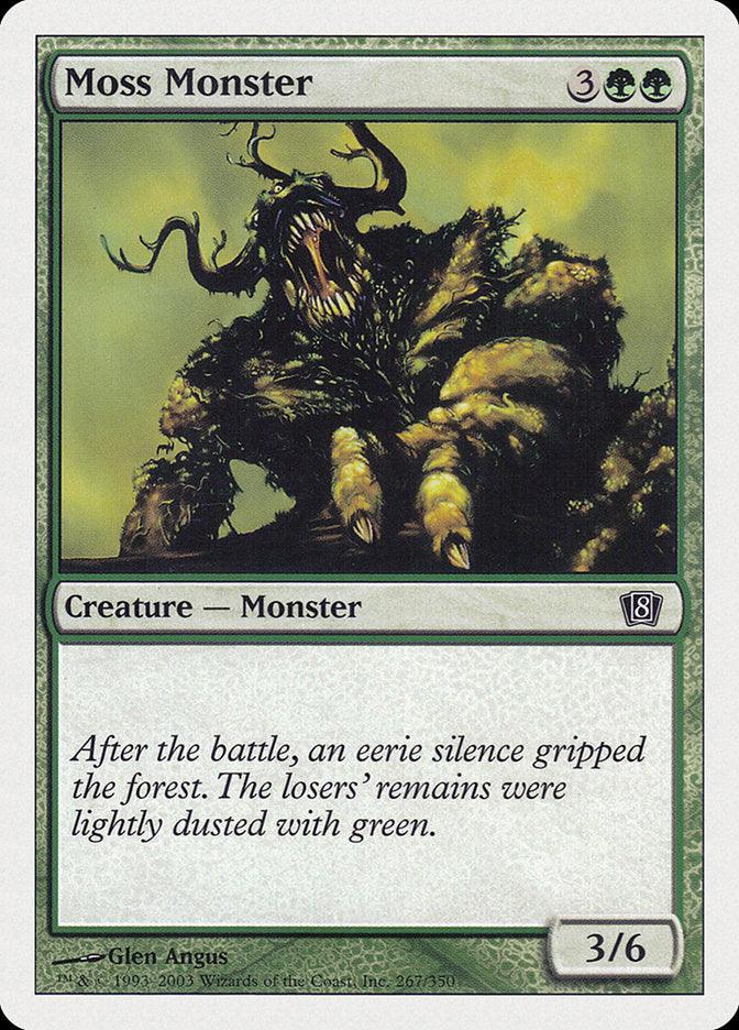 A Magic: The Gathering card titled Moss Monster [Eighth Edition], with a green border. The illustration shows a grotesque, humanoid Creature Elemental covered in moss, with vine-like limbs and a gaping mouth. The card's text reads: 