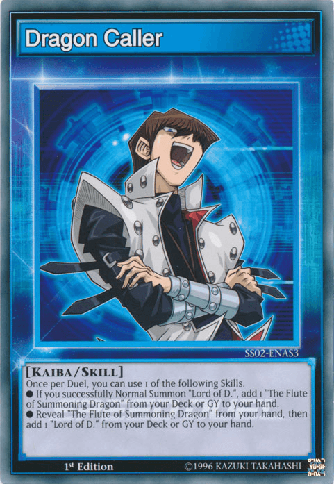 A Yu-Gi-Oh! trading card titled **Dragon Caller [SS02-ENAS3] Common**. It features an illustrated character wearing a white coat with raised collar, brown spiky hair, closed eyes, and open mouth in a confident pose. The Speed Duel card description details a skill involving 