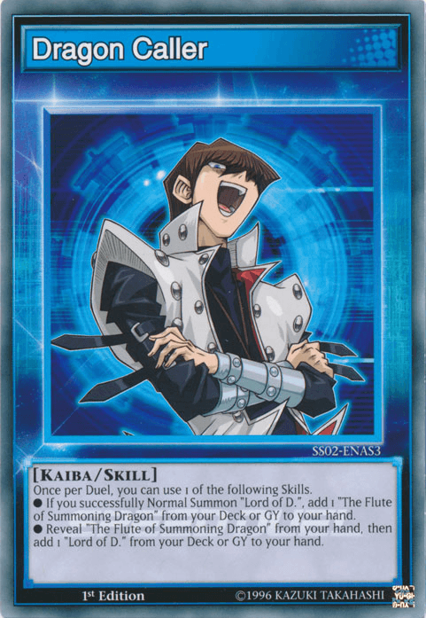 A Yu-Gi-Oh! trading card titled **Dragon Caller [SS02-ENAS3] Common**. It features an illustrated character wearing a white coat with raised collar, brown spiky hair, closed eyes, and open mouth in a confident pose. The Speed Duel card description details a skill involving "Lord of D." and "The Flute of Summoning Dragon.”