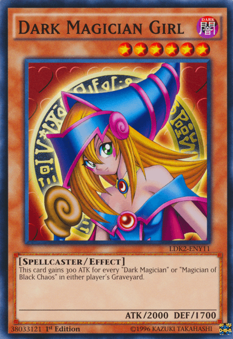 The Yu-Gi-Oh! card "Dark Magician Girl [LDK2-ENY11] Common" showcases an iconic anime-style Spellcaster/Effect Monster with long blonde hair, dressed in a blue and pink magician's outfit. This card is part of the Legendary Decks II set and has stats of 2000 attack and 1700 defense points.