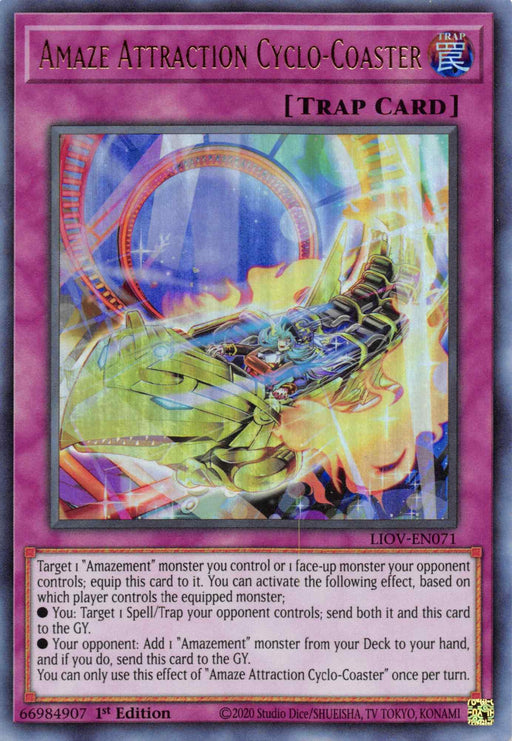A Yu-Gi-Oh! trading card titled "Amaze Attraction Cyclo-Coaster [LIOV-EN071] Ultra Rare" features an illustration of a glowing, amusement park-style roller coaster. This Normal Trap card includes detailed gameplay instructions in the center. Logos, set numbers, and copyright information are at the bottom.