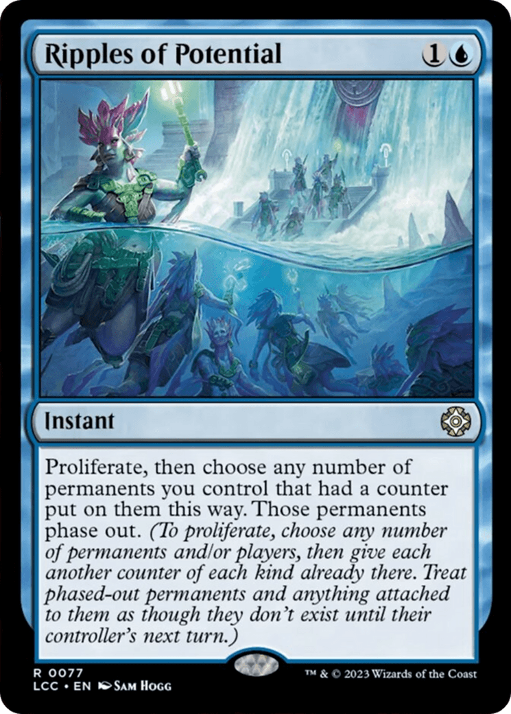 A Magic: The Gathering card titled Ripples of Potential [The Lost Caverns of Ixalan Commander]. It shows a group of fantasy creatures, including elves and merfolk, underwater with a blue frame and costs 1 colorless and 1 blue mana. This rare card describes the game's 