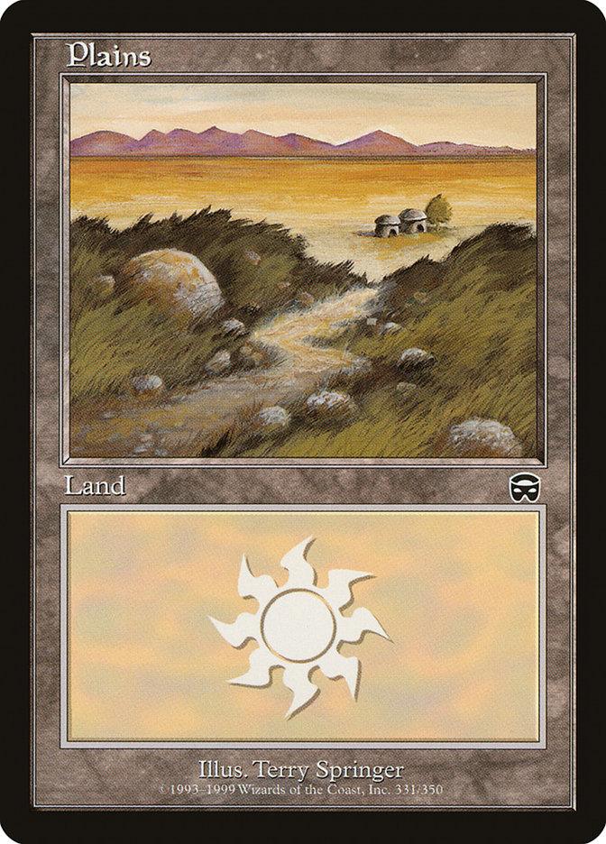 Magic: The Gathering card titled "Plains (331) [Mercadian Masques]," from the Mercadian Masques set, illustrated by Terry Springer. The card features a landscape with rolling hills, rocks, and a path leading to a distant horizon with a glowing sky. The lower half of the card displays a large white mana symbol.